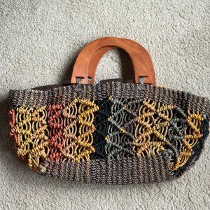 Multicolor Woven Straw Bag Wooden Handles